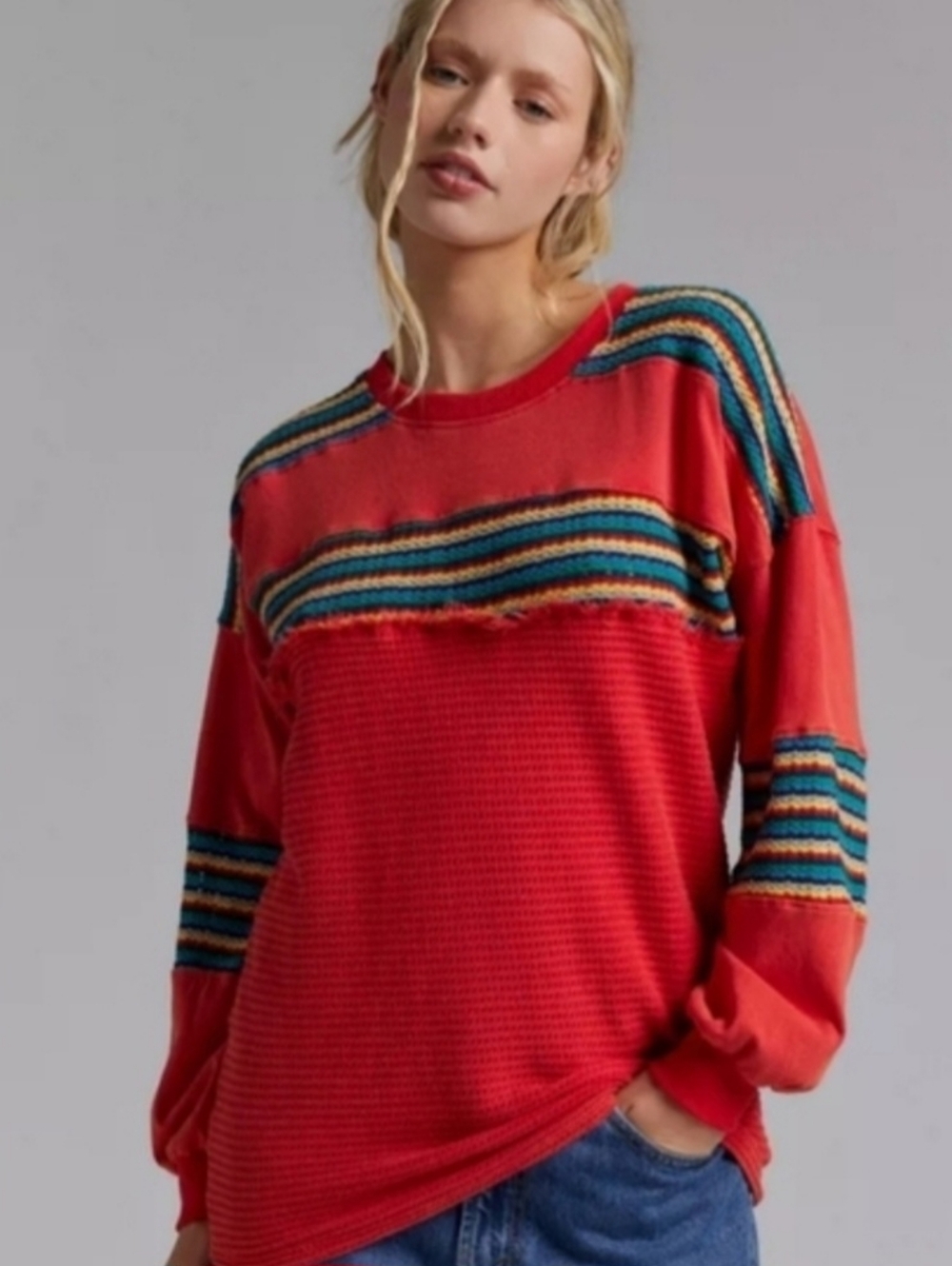BDG Red Knit Pullover with Multicolor Stripes